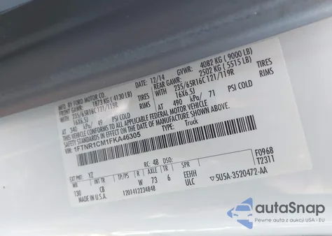 2015 Ford Transit-250 z USA, uszkodzony, nr VIN 1FTNR1CM1FKA46305